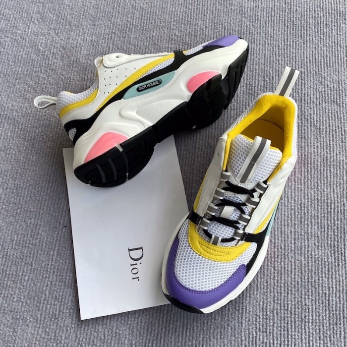 D*or b22 sneaker in white technical knit and white and yellow calfskin