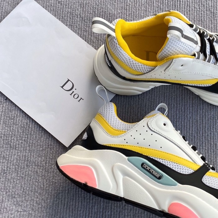 D*or b22 sneaker in white technical knit and white and yellow calfskin