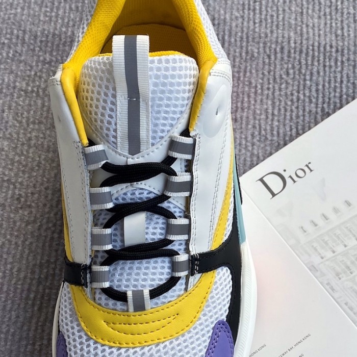 D*or b22 sneaker in white technical knit and white and yellow calfskin