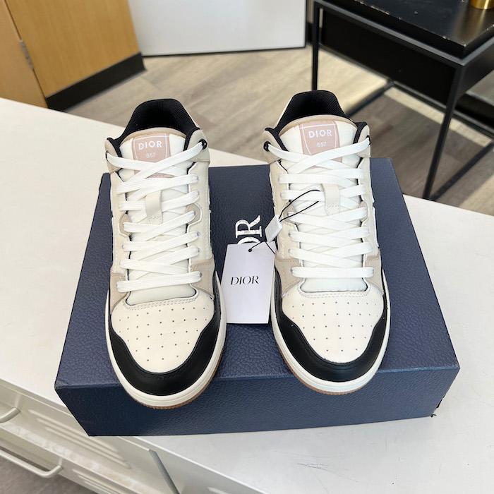 D*or b57 mid-top sneaker black and cream smooth calfskin and beige suede