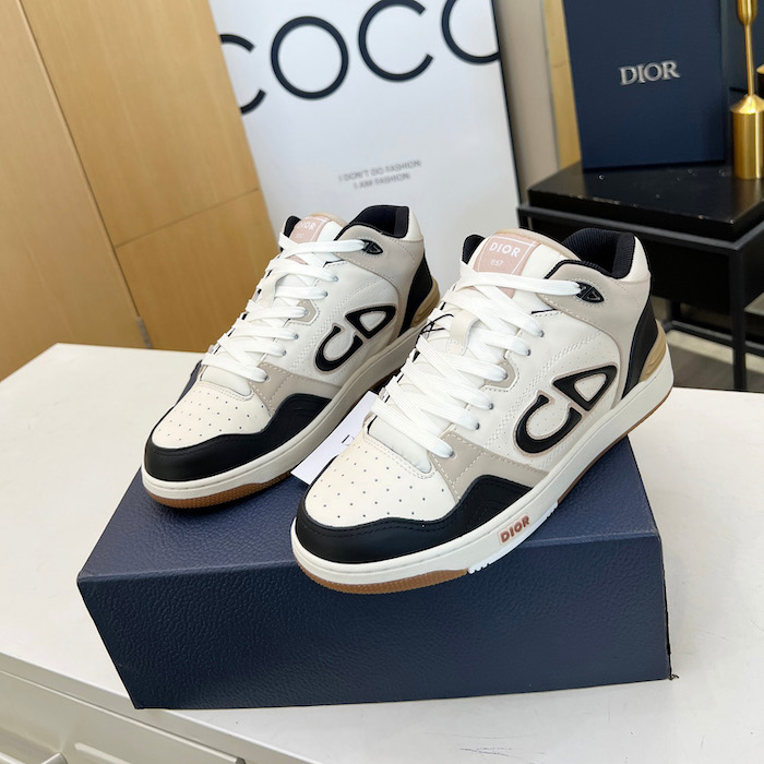 D*or b57 mid-top sneaker black and cream smooth calfskin and beige suede