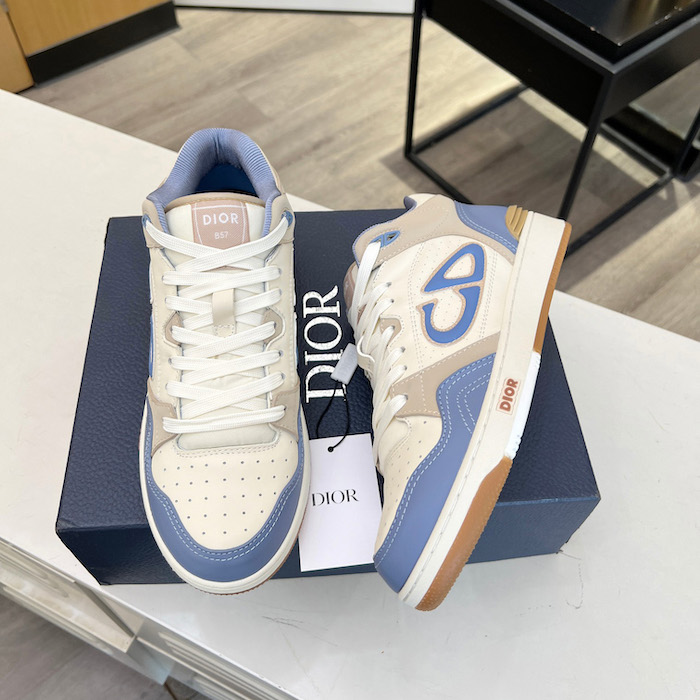 D*or b57 mid-top sneaker blue and cream smooth calfskin and beige suede