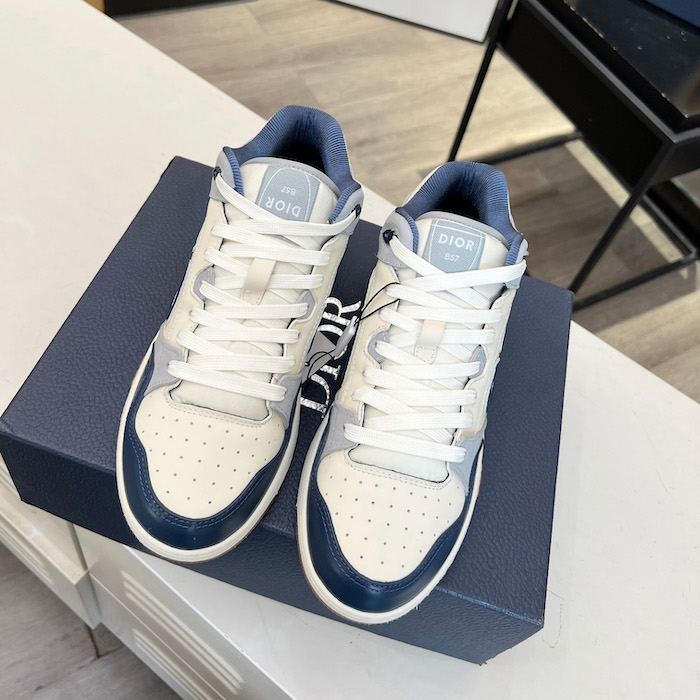 D*or b57 mid-top sneaker navy blue and cream smooth calfskin and beige suede