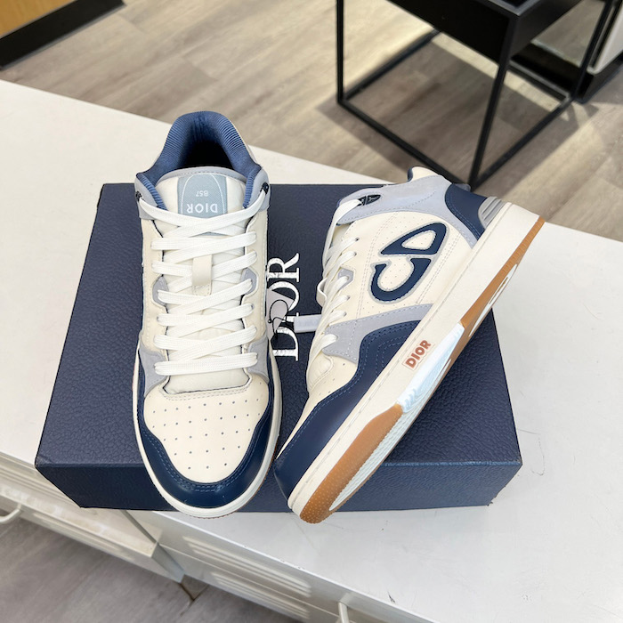 D*or b57 mid-top sneaker navy blue and cream smooth calfskin and beige suede