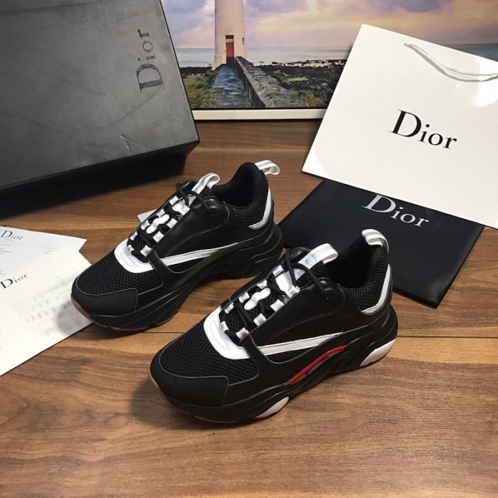 D*or b22 sneaker in black technical knit and black and white calfskin