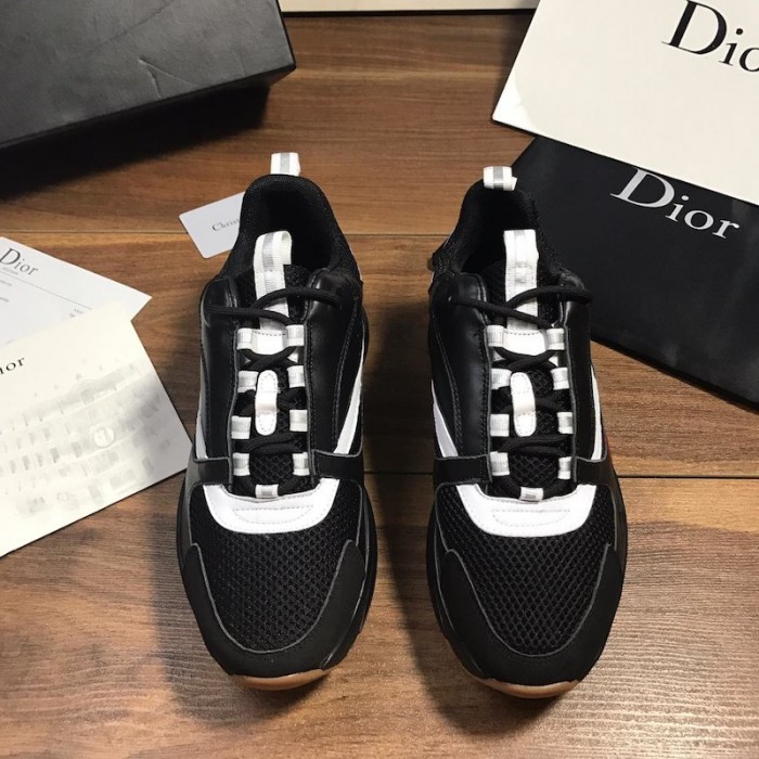 D*or b22 sneaker in black technical knit and black and white calfskin