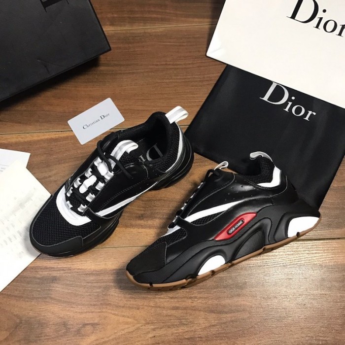 D*or b22 sneaker in black technical knit and black and white calfskin
