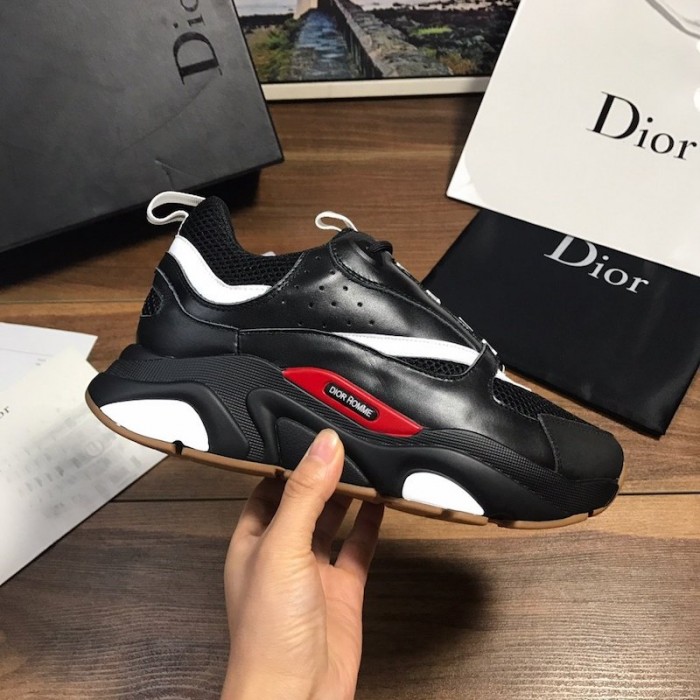 D*or b22 sneaker in black technical knit and black and white calfskin
