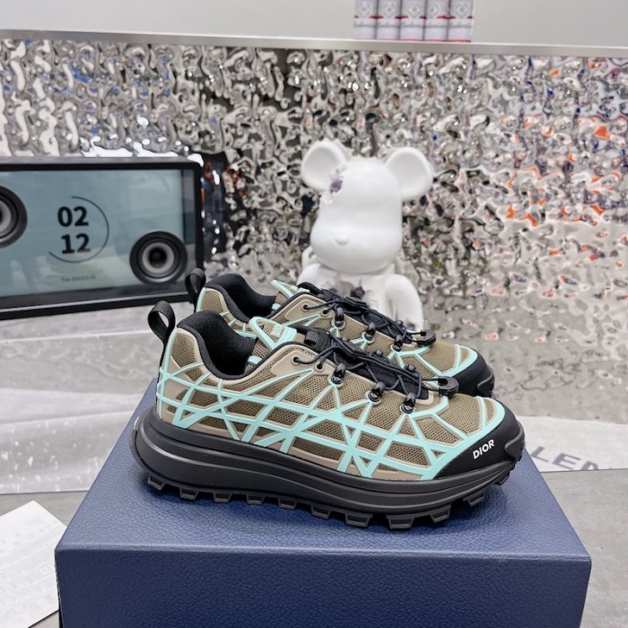 D*or b31 runner sneaker khaki technical mesh and turquoise rubber with warped cannage motif