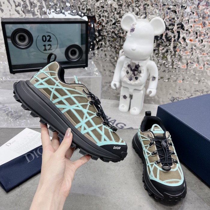 D*or b31 runner sneaker khaki technical mesh and turquoise rubber with warped cannage motif