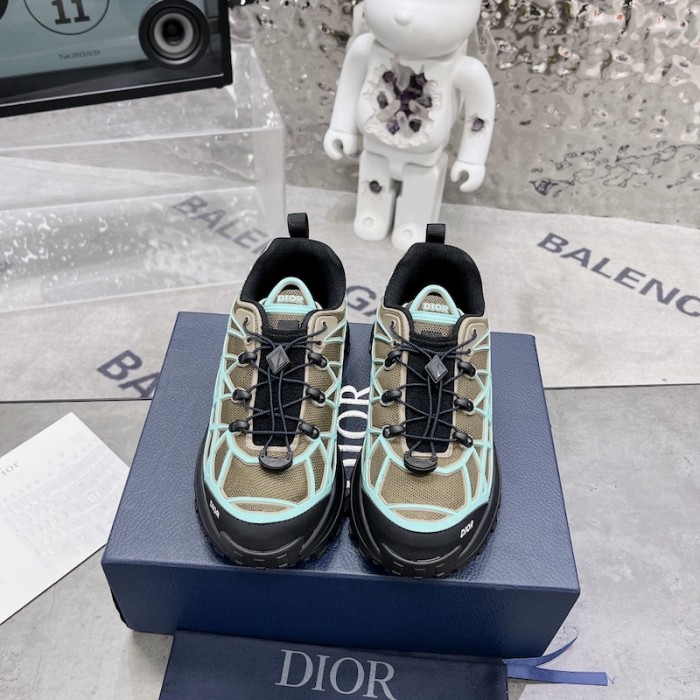 D*or b31 runner sneaker khaki technical mesh and turquoise rubber with warped cannage motif