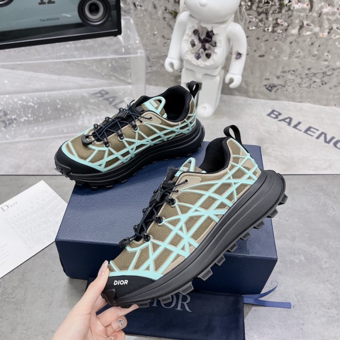 D*or b31 runner sneaker khaki technical mesh and turquoise rubber with warped cannage motif
