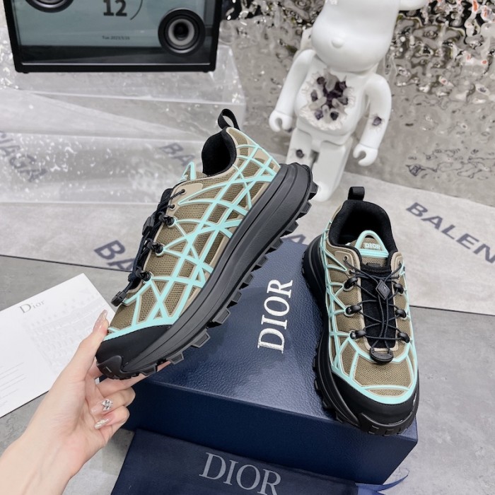 D*or b31 runner sneaker khaki technical mesh and turquoise rubber with warped cannage motif