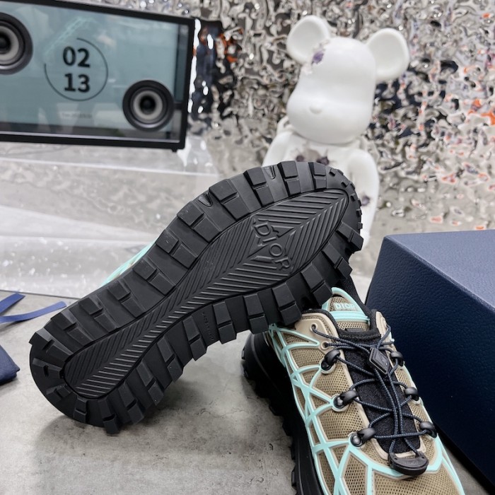 D*or b31 runner sneaker khaki technical mesh and turquoise rubber with warped cannage motif