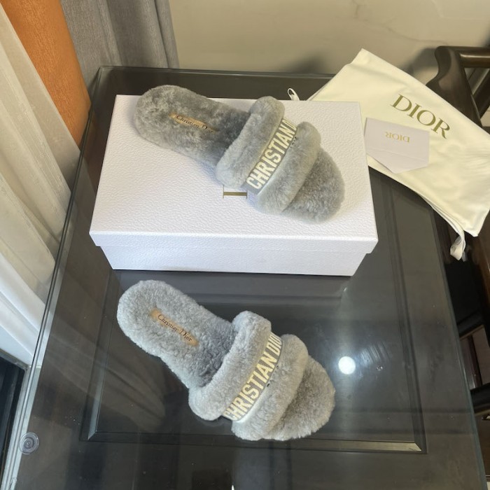 D*or chez moi slide grey cotton embroidery and white shearling
