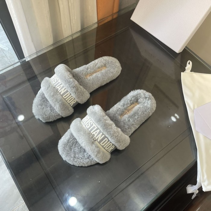 D*or chez moi slide grey cotton embroidery and white shearling