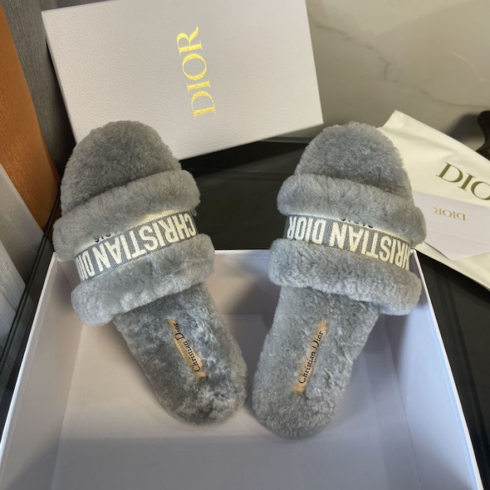 D*or chez moi slide grey cotton embroidery and white shearling