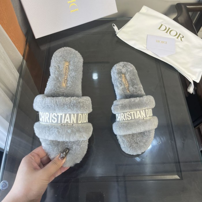 D*or chez moi slide grey cotton embroidery and white shearling