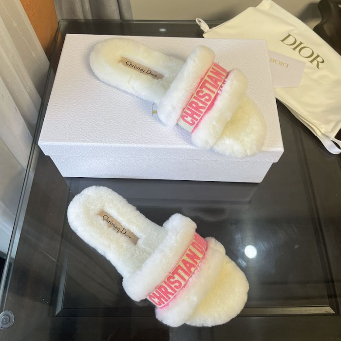 D*or moi slide bright pink cotton embroidery and white shearling