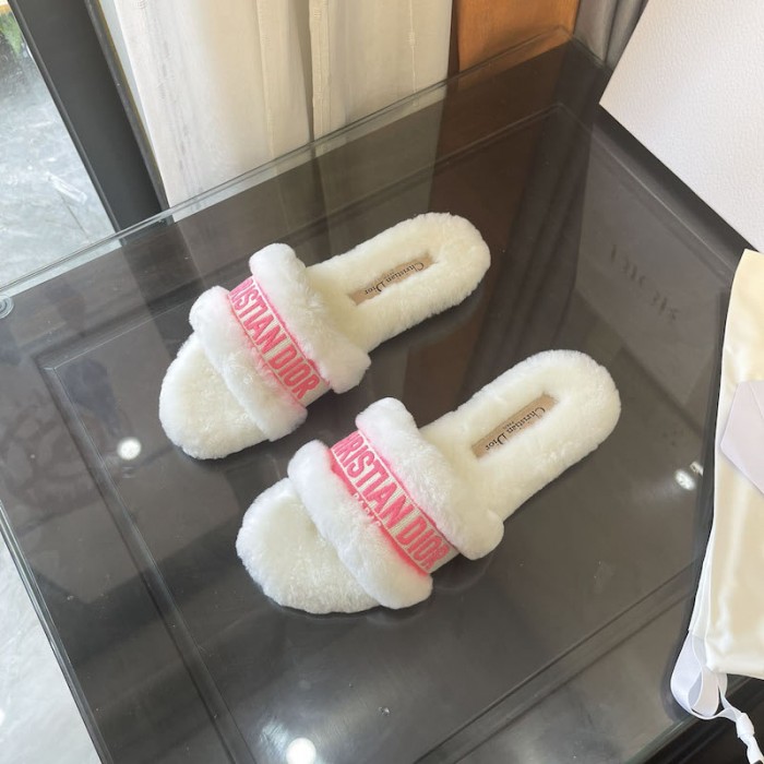 D*or moi slide bright pink cotton embroidery and white shearling