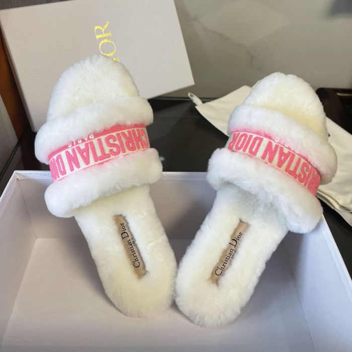 D*or moi slide bright pink cotton embroidery and white shearling