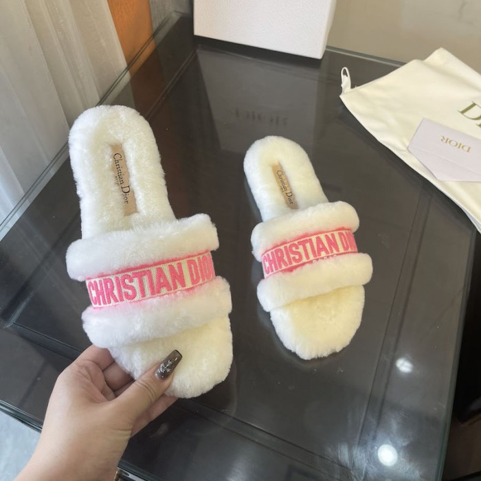 D*or moi slide bright pink cotton embroidery and white shearling