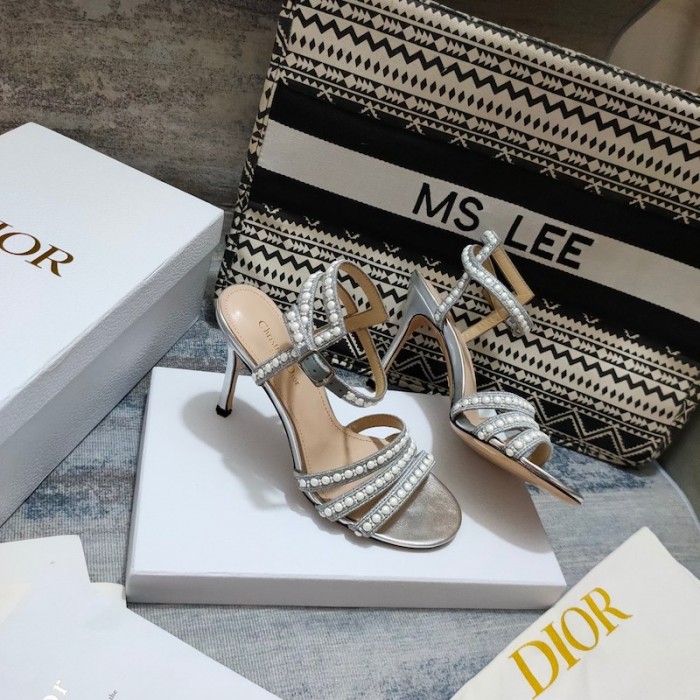 D*or gem heeled sandal cotton embroidered with silver-tone