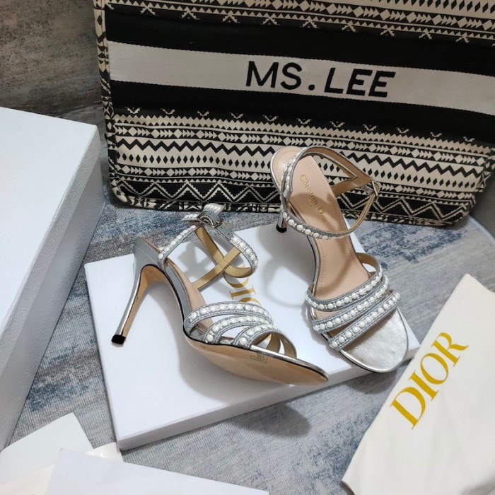 D*or gem heeled sandal cotton embroidered with silver-tone