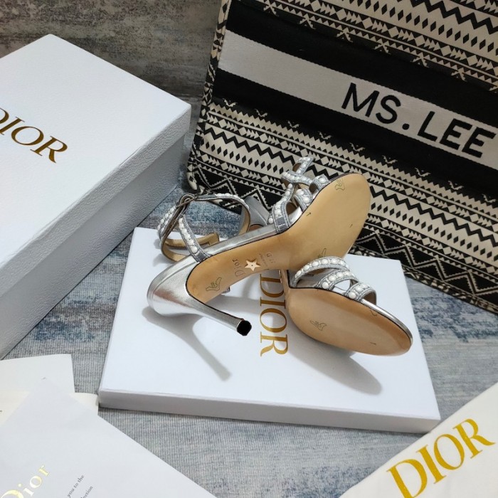 D*or gem heeled sandal cotton embroidered with silver-tone