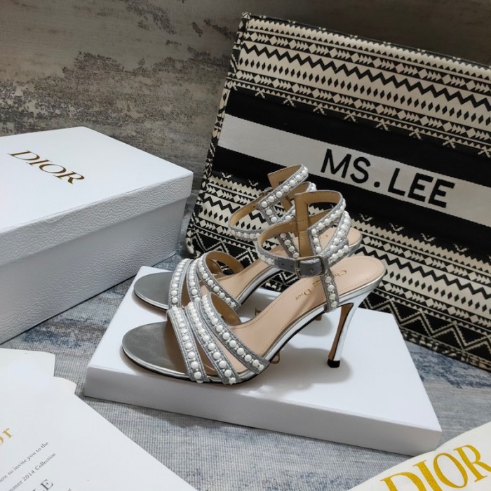 D*or gem heeled sandal cotton embroidered with silver-tone