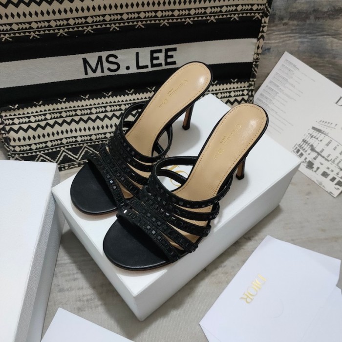D*or gem heeled slide black cotton embroidered with metallic thread and square strass