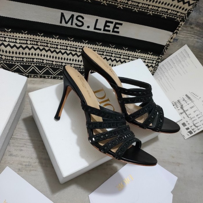 D*or gem heeled slide black cotton embroidered with metallic thread and square strass
