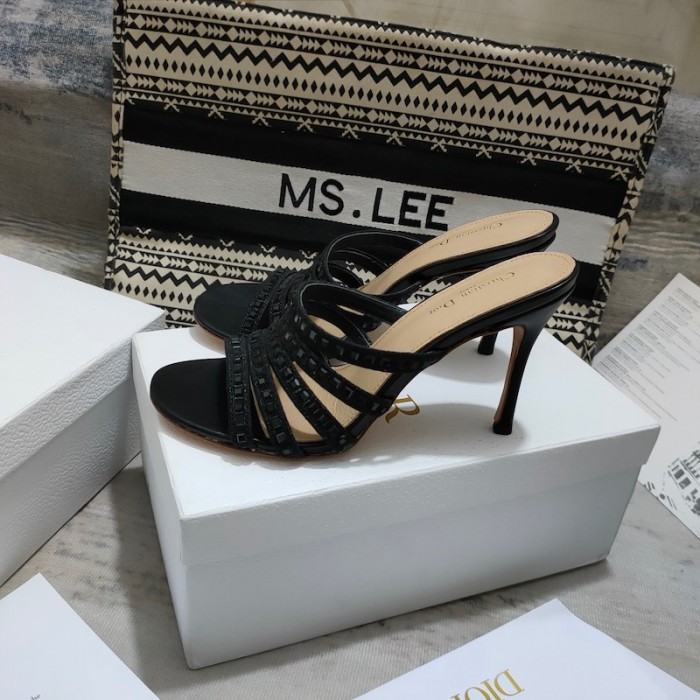 D*or gem heeled slide black cotton embroidered with metallic thread and square strass