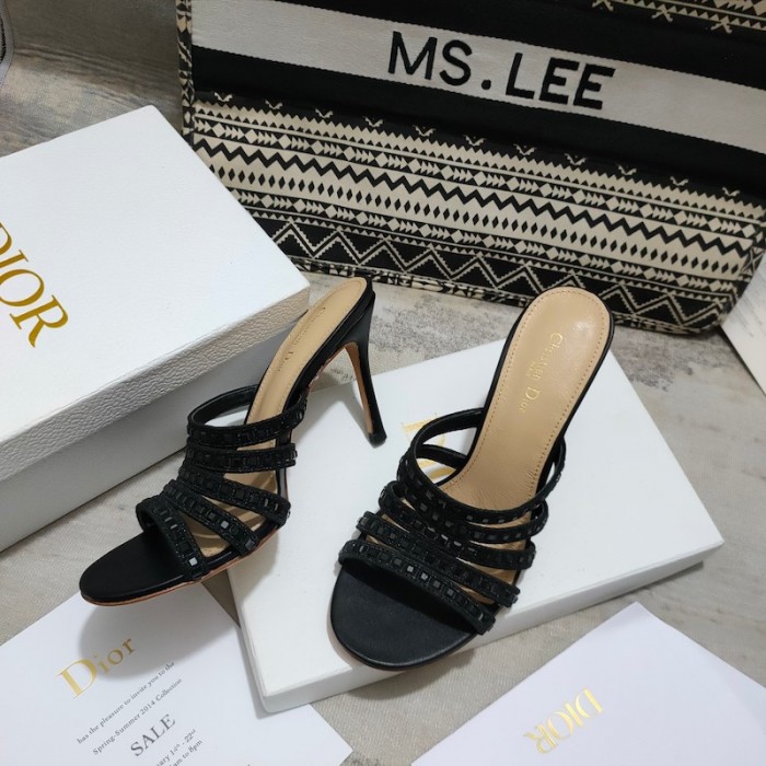 D*or gem heeled slide black cotton embroidered with metallic thread and square strass