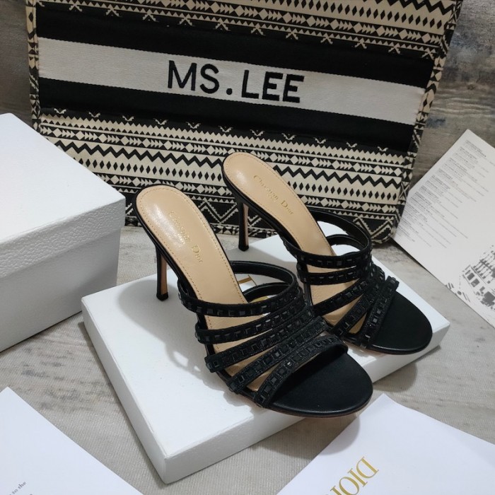 D*or gem heeled slide black cotton embroidered with metallic thread and square strass