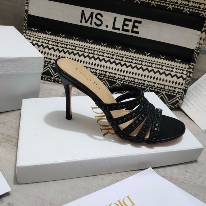 D*or gem heeled slide black cotton embroidered with metallic thread and square strass