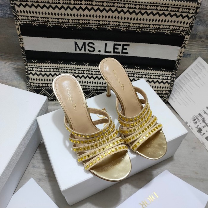 D*or gem heeled slide gold-tone cotton embroidered with metallic thread and square strass