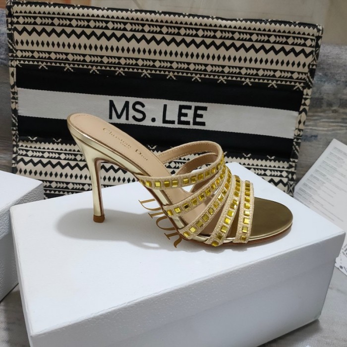 D*or gem heeled slide gold-tone cotton embroidered with metallic thread and square strass