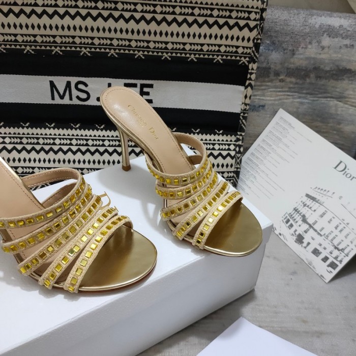 D*or gem heeled slide gold-tone cotton embroidered with metallic thread and square strass