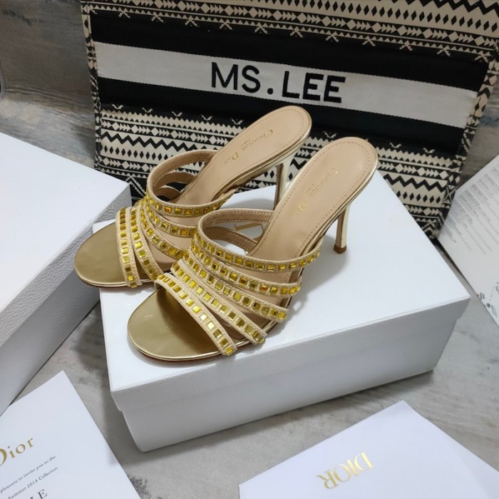 D*or gem heeled slide gold-tone cotton embroidered with metallic thread and square strass