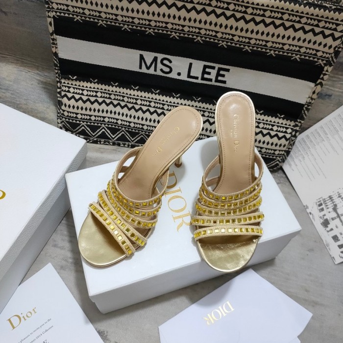 D*or gem heeled slide gold-tone cotton embroidered with metallic thread and square strass
