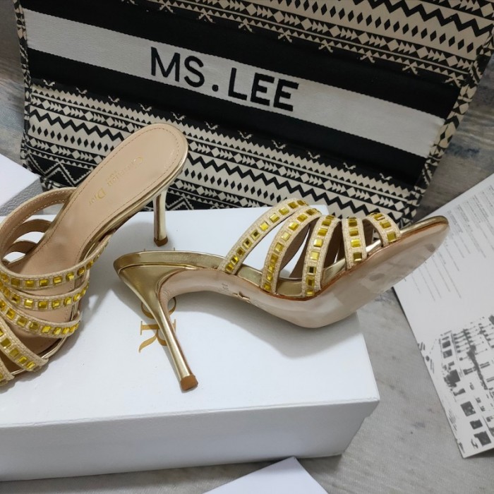 D*or gem heeled slide gold-tone cotton embroidered with metallic thread and square strass