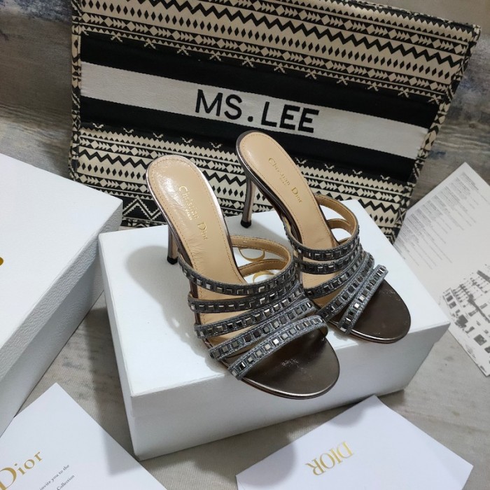 D*or gem heeled slide grey cotton embroidered with metallic thread and square strass