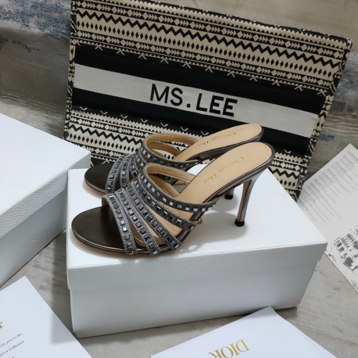 D*or gem heeled slide grey cotton embroidered with metallic thread and square strass
