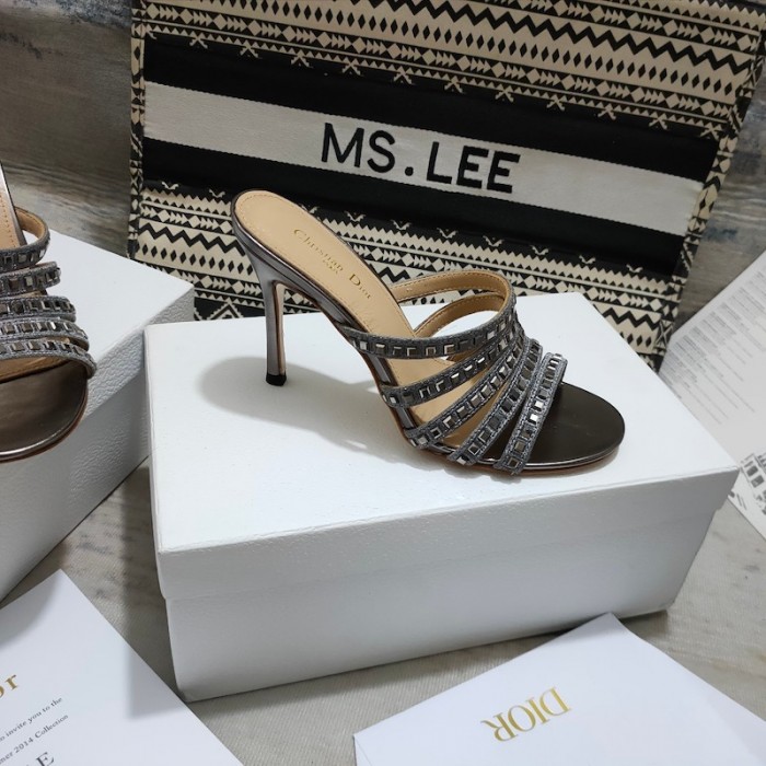 D*or gem heeled slide grey cotton embroidered with metallic thread and square strass