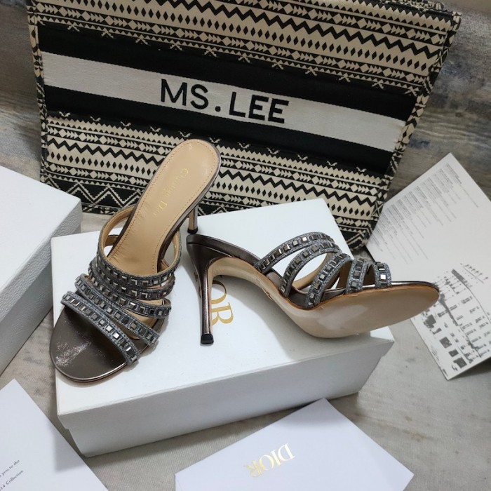 D*or gem heeled slide grey cotton embroidered with metallic thread and square strass