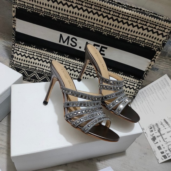 D*or gem heeled slide grey cotton embroidered with metallic thread and square strass