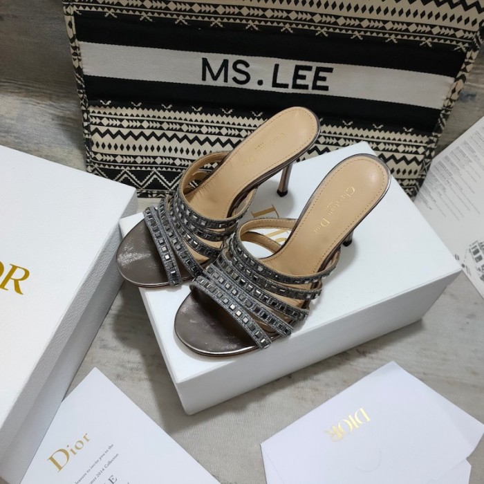 D*or gem heeled slide grey cotton embroidered with metallic thread and square strass