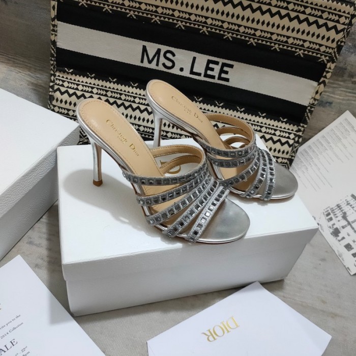 D*or gem heeled slide silver cotton embroidered with metallic thread and square strass