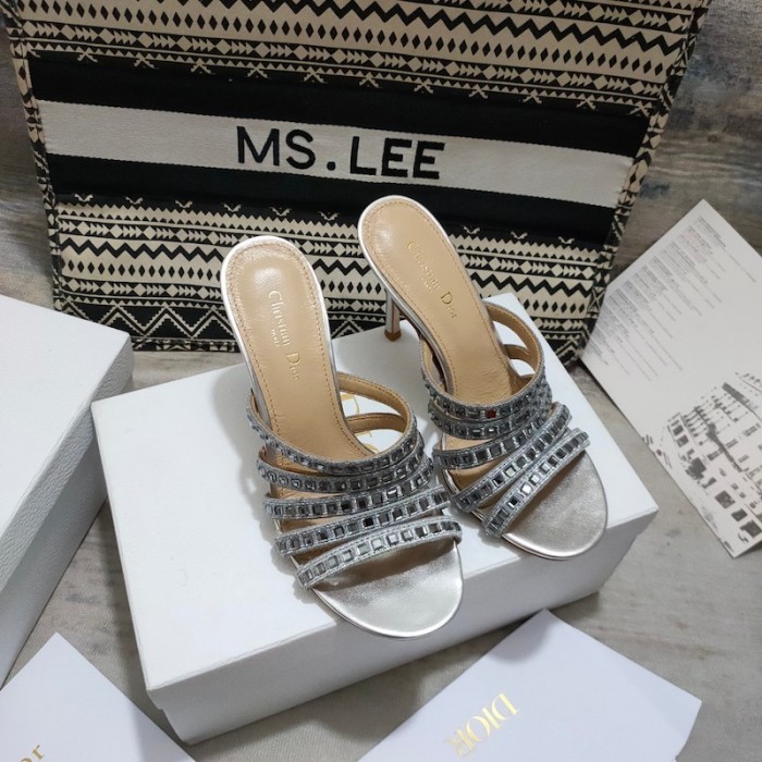D*or gem heeled slide silver cotton embroidered with metallic thread and square strass